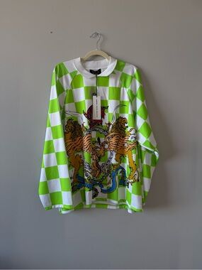 NWT Liberal Youth Ministry Men’s Lime Green Check Long-Sleeve Graphic Shirt